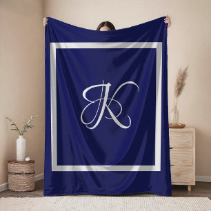 Elegant Blue Grey Monogram Initial Fleece Blanket