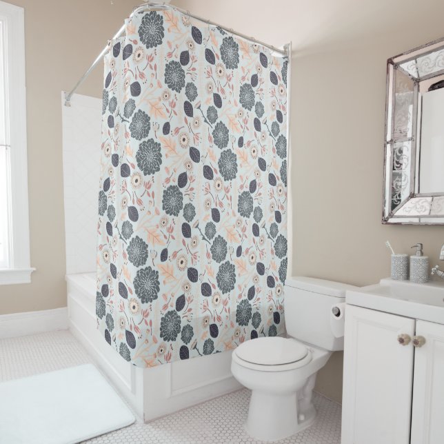 Elegant Blue Grey Peach Floral Pattern Shower Curtain (In Situ)