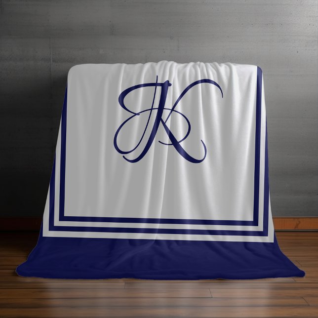 Elegant blue grey square pattern initial monogram fleece blanket (Creator Uploaded)