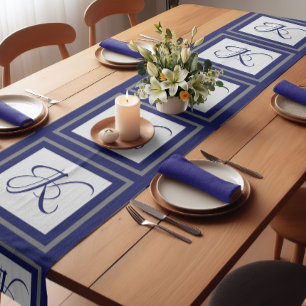 Elegant blue grey square pattern initial monogram short table runner