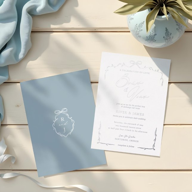 Elegant Blue Hand Drawn Bow & Ribbon Wedding (Elegant Blue Hand Drawn Bow & Ribbon Wedding Foil Invitation)