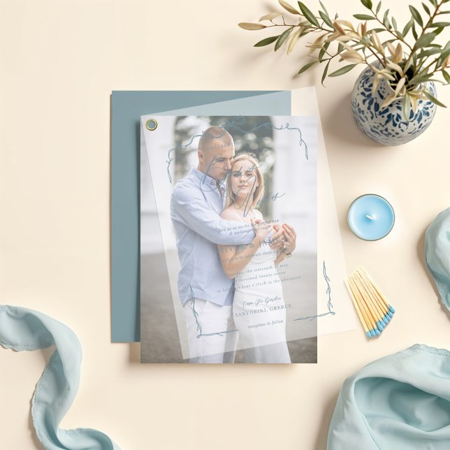 Elegant Blue Hand Drawn Bow & Ribbon Wedding Vellum Invitations (Elegant Blue Hand Drawn Bow & Ribbon Wedding Vellum Invitations)