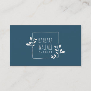 Elegant blue hand drawn floral frame minimalist business card