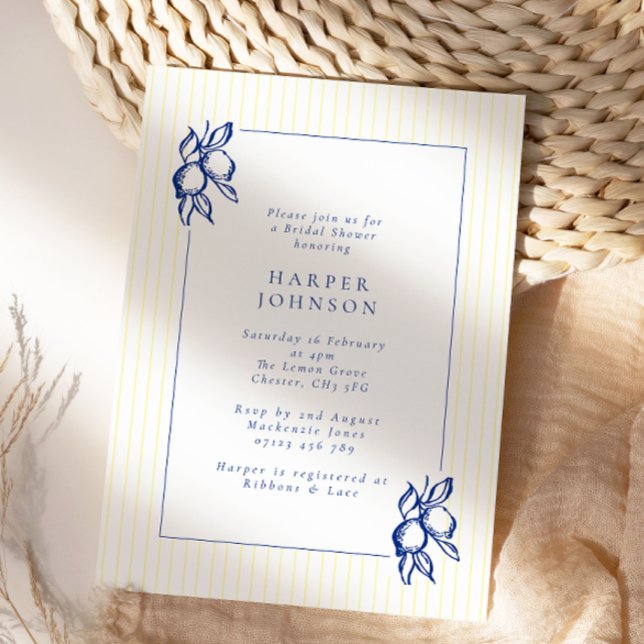 Elegant Blue Hand Drawn Lemon Amalfi Bridal Shower Invitation (Creator Uploaded)