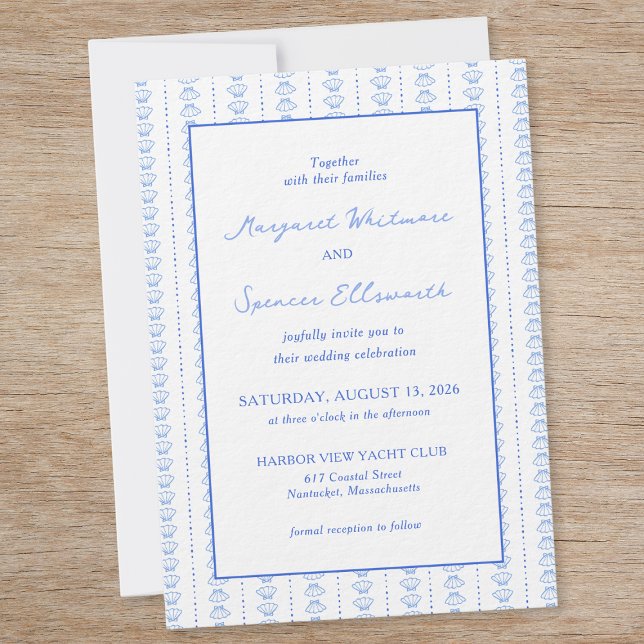 Elegant Blue Hand Drawn Seashell Coastal Wedding Invitation (Creator Uploaded)