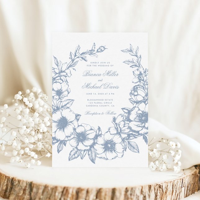 Elegant Blue Hand Drawn Wreath In Bloom Wedding Invitation (Creator Uploaded)