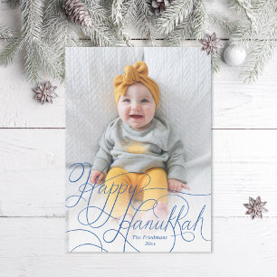 Elegant Blue Hand Lettered Happy Hanukkah Photo Holiday Card