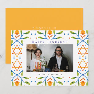 Elegant Blue Happy Hanukkah Family 1 Photo Holiday Card