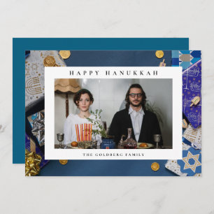 Elegant Blue Happy Hanukkah Family 1 Photo Holiday Card