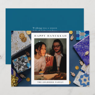 Elegant Blue Happy Hanukkah Family 1 Photo Holiday Card