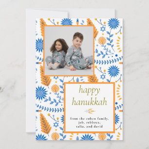 Elegant blue Happy Hanukkah Family 1 Photo Holiday Card