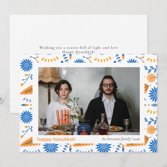 Elegant Blue Happy Hanukkah Family 1 Photo Holiday Card (Front/Back)