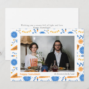 Elegant Blue Happy Hanukkah Family 1 Photo Holiday Card