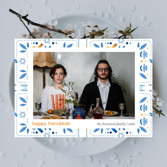 Elegant Blue Happy Hanukkah Family 1 Photo Holiday Card (Creator Uploaded)