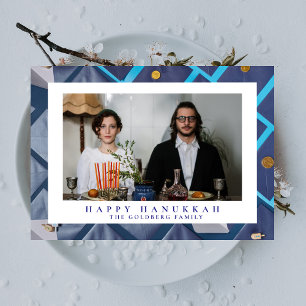 Elegant Blue Happy Hanukkah Family 1 Photo Holiday Card