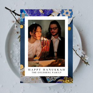 Elegant Blue Happy Hanukkah Family 1 Photo Holiday Card