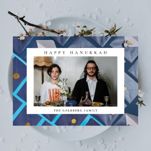 Elegant Blue Happy Hanukkah Family 1 Photo Holiday Card