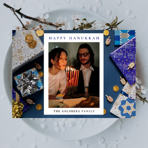 Elegant Blue Happy Hanukkah Family 1 Photo Holiday Card
