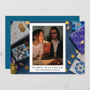 Elegant Blue Happy Hanukkah Family 1 Photo Holiday Card