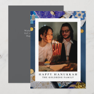 Elegant Blue Happy Hanukkah Family 1 Photo Holiday Card