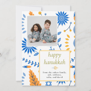Elegant blue Happy Hanukkah Family 1 Photo Holiday Card