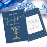 Elegant Blue Happy Hanukkah Menorah Gold<br><div class="desc">A simple but elegant dark blue Hanukkah flat card with "Happy Hanukkah" in gold foil complementary typography, which feature both a classic, bold block style font and a fanciful handwritten display font sweeping across the card. An elegant gold menorah is displayed below. The reverse side has a message to use...</div>