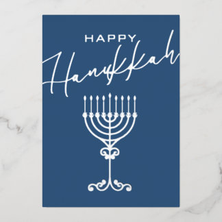 Elegant Blue Happy Hanukkah Menorah Silver