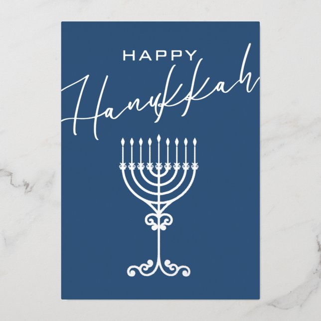 Elegant Blue Happy Hanukkah Menorah Silver (Front)