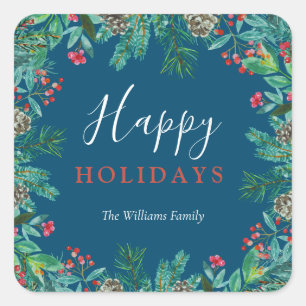 Elegant Blue Happy Holidays Wreath Family Name Square Sticker