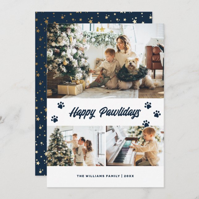 Elegant Blue Happy Pawlidays Gold Stars Photo Holiday Card (Front/Back)