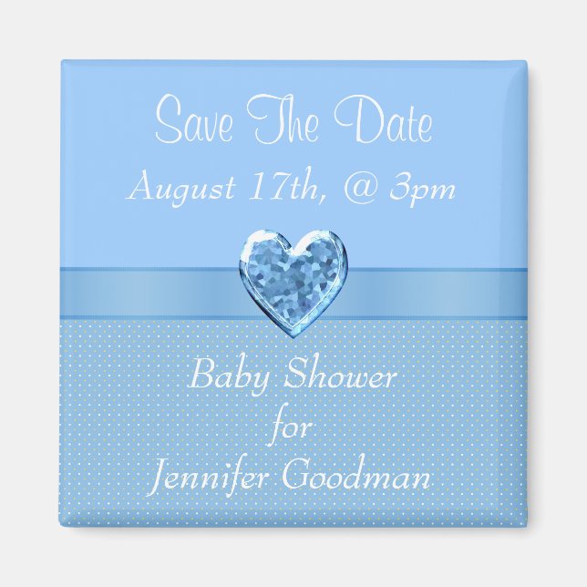 Elegant Blue Heart Jewel Save The Date Baby Shower Magnet (Front)