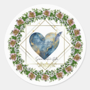 Elegant Blue Heart & Pink Rose Wreath "Thank You" Classic Round Sticker