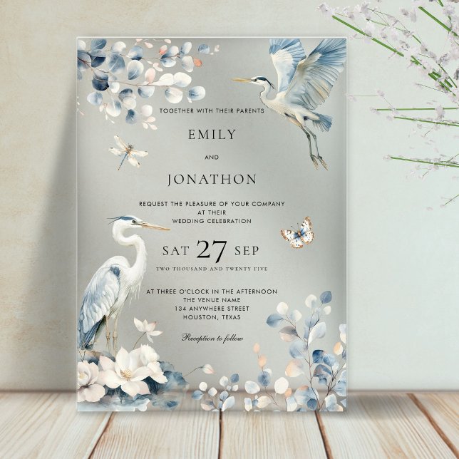 Elegant Blue Heron Foliage Florals Wedding Acrylic Invitations (Creator Uploaded)