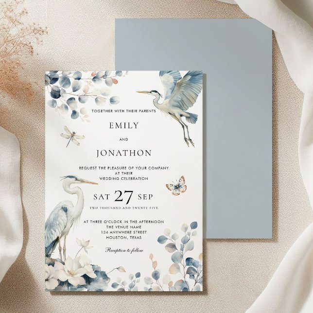 Elegant Blue Heron Foliage Wedding Invitation (Front and back view)