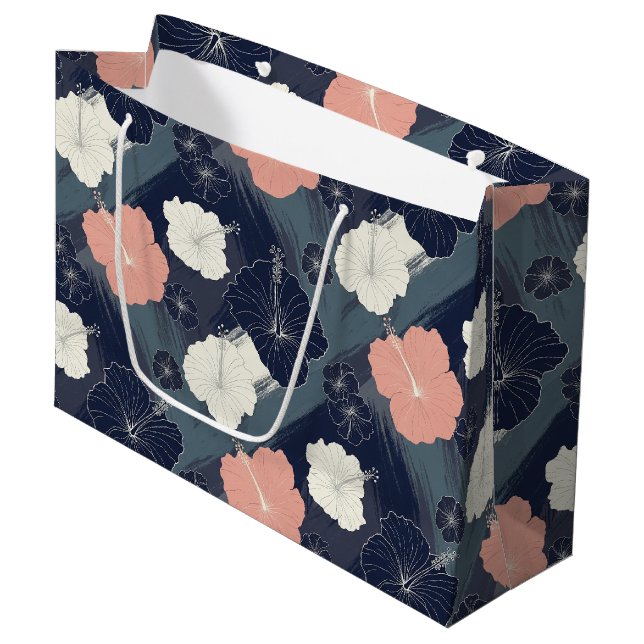 Elegant Blue Hibiscus Floral Pattern (10) Large Gift Bag (Front Angled)