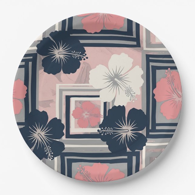 Elegant Blue Hibiscus Floral Pattern (10) Paper Plate (Front)