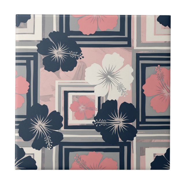 Elegant Blue Hibiscus Floral Pattern (10) Tile (Front)