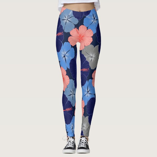 Elegant Blue Hibiscus Floral Pattern (11) Leggings (Front)
