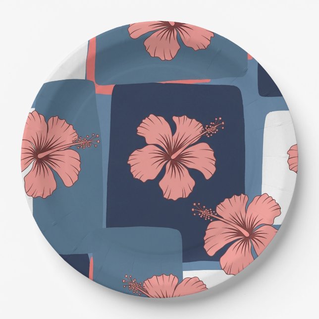 Elegant Blue Hibiscus Floral Pattern (11) Paper Plate (Front)