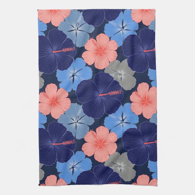 Elegant Blue Hibiscus Floral Pattern (11) Tea Towel (Vertical)
