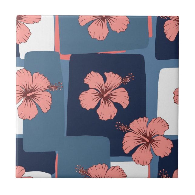 Elegant Blue Hibiscus Floral Pattern (11) Tile (Front)