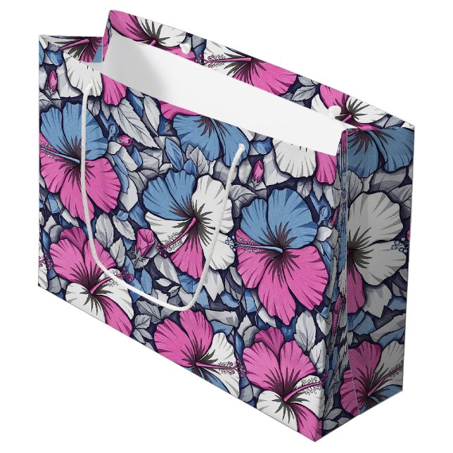 Elegant Blue Hibiscus Floral Pattern (12) Large Gift Bag (Front Angled)