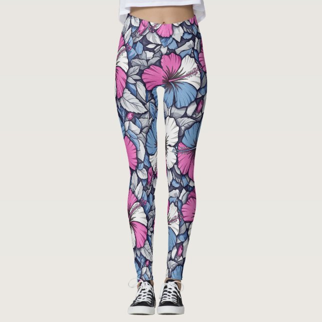 Elegant Blue Hibiscus Floral Pattern (12) Leggings (Front)