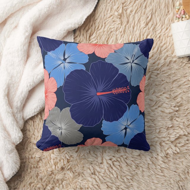 Elegant Blue Hibiscus Floral Pattern (13) Cushion (Blanket)