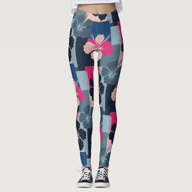 Elegant Blue Hibiscus Floral Pattern (13) Leggings (Front)