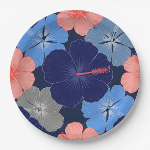 Elegant Blue Hibiscus Floral Pattern (13) Paper Plate