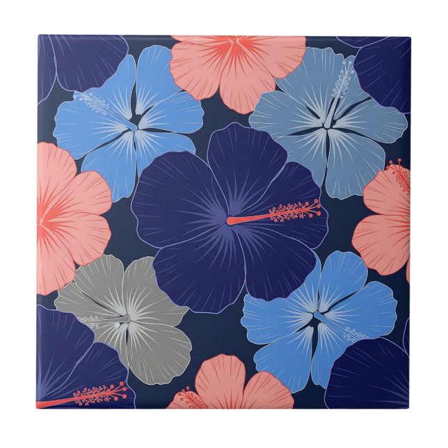 Elegant Blue Hibiscus Floral Pattern (13) Tile (Front)