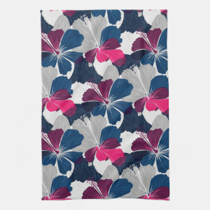 Elegant Blue Hibiscus Floral Pattern (14) Tea Towel