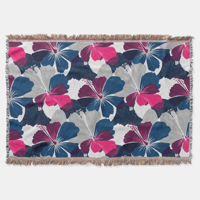 Elegant Blue Hibiscus Floral Pattern (14) Throw Blanket (Front)
