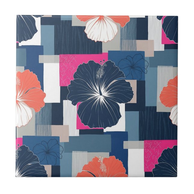 Elegant Blue Hibiscus Floral Pattern (14) Tile (Front)